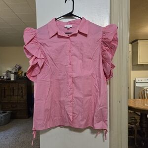 Brand new!! NWOT Women's Bucket List pink ruffle sleeve button down top sz large
